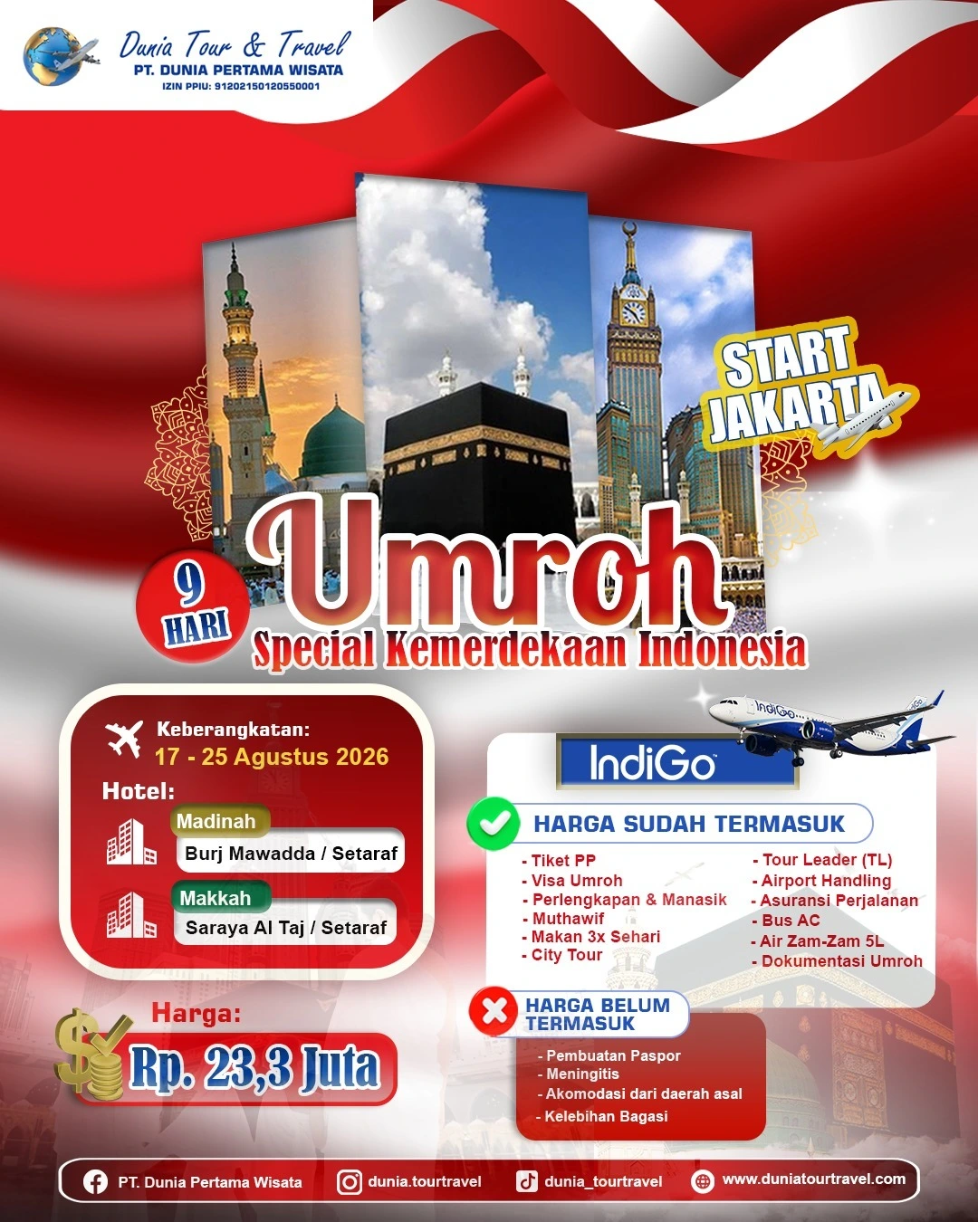 Paket Umroh Special Kemerdekaan Indonesia 2026 — keberangkatan Jakarta 17–25 Agustus, maskapai IndiGo, 9 hari