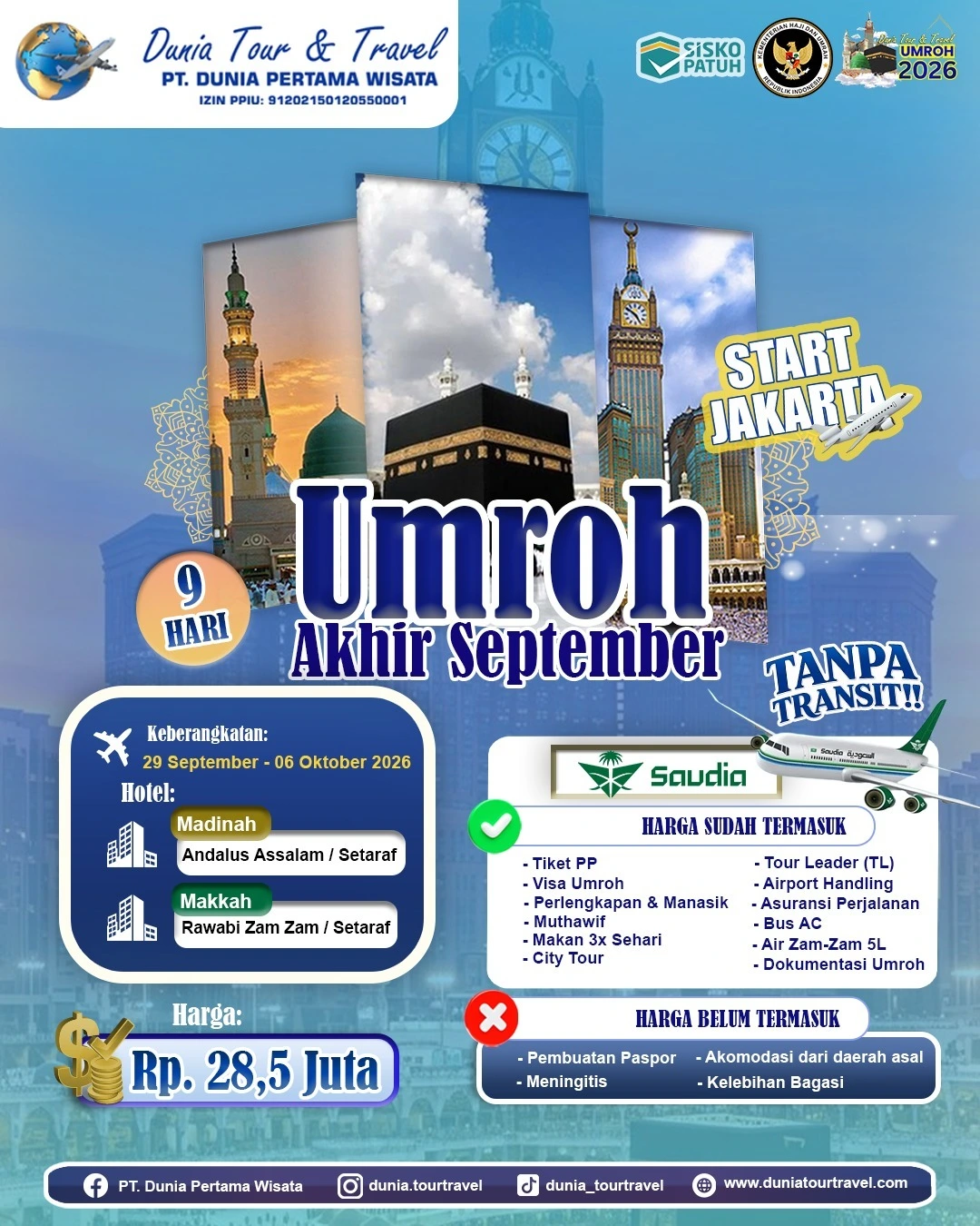 Paket Umroh Akhir September 2026 — keberangkatan Jakarta 29 September, Saudia Airlines, 9 hari